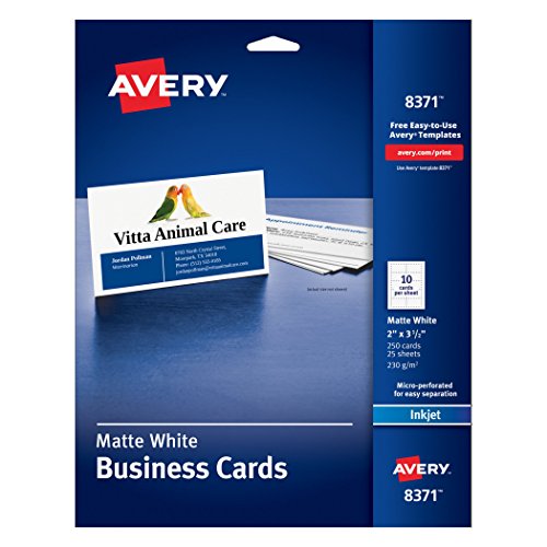 0806791888151 - AVERY BUSINESS CARDS FOR INKJET PRINTERS, MATTE, WHITE, PACK OF 250 10 CARDS/SHEET 2 X 3 1/2