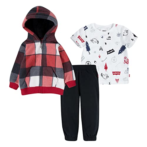 0807421287306 - LEVIS BABY BOYS GRAPHIC T-SHIRT, SWEATSHIRT AND JOGGERS 3-PIECE OUTFIT SET, RED PLAID, 3M