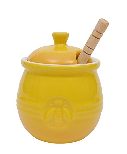 0807472766799 - CREATIVE CO-OP STONEWARE HONEY POT WITH WOOD HONEY DIPPER, YELLOW