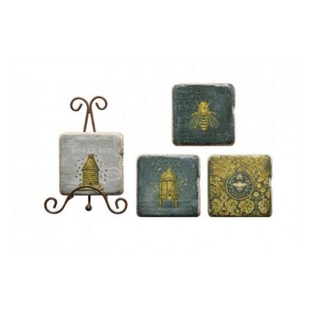 0807472828732 - SQUARE RESIN BEE COASTER WITH METAL EASEL, SET OF 4