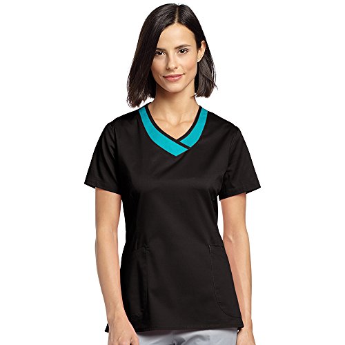 0807715710558 - ALLURE BY WHITE CROSS WOMEN'S CURVED V-NECK SOLID SCRUB TOP X-LARGE BLACK/BLUE CURACAO