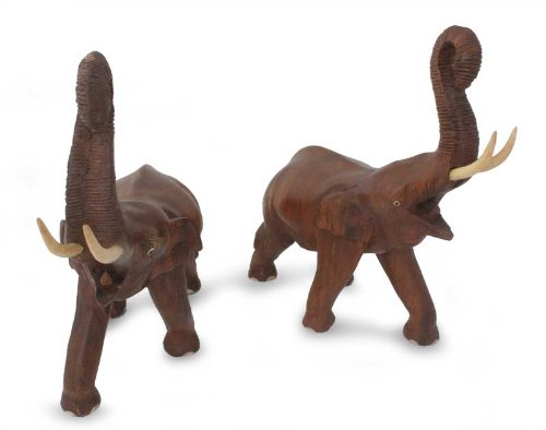 0808773199491 - NOVICA LARGE BROWN GOOD LUCK RAIN TREE WOOD AND IVORY WOOD SCULPTURE, 11.75 TALL 'LUCKY THAI ELEPHANTS'