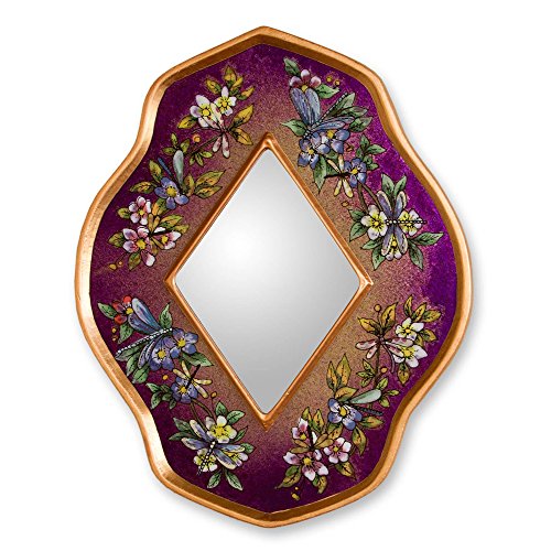 0808773422360 - NOVICA HANDCRAFTED FLORAL REVERSE PAINTED GLASS AND WOOD FRAMED WALL MIRROR, 'PURPLE SUMMER GARDEN'