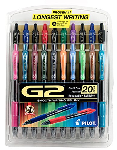 0809302096502 - PILOT G2 RETRACTABLE PREMIUM GEL INK ROLLER BALL PENS, FINE POINT, PACK OF 20 ASSORTED COLORS