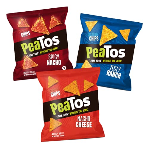 0810002410833 - PEATOS CRUNCHY CHIPS SNACKS, 3 FLAVOR VARIETY, NACHO CHEESE, RANCH, SPICY NACHO, 1 OZ BAG (15 COUNT), JUNK FOOD TASTE, MADE FROM PEAS, BOLD FLAVORS, 4G PROTEIN AND 3G FIBER, PEA PLANT PROTEIN SNACK