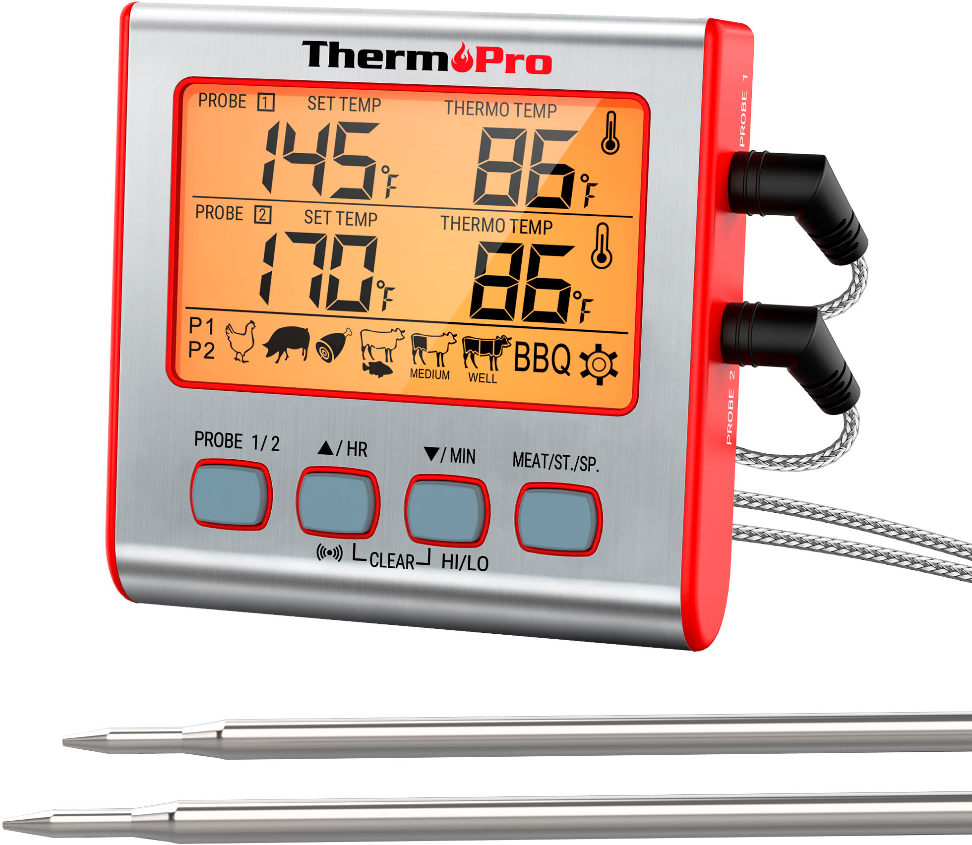 0810012961745 - THERMOPRO - DUAL PROBE DIGITAL COOKING MEAT THERMOMETER - RED