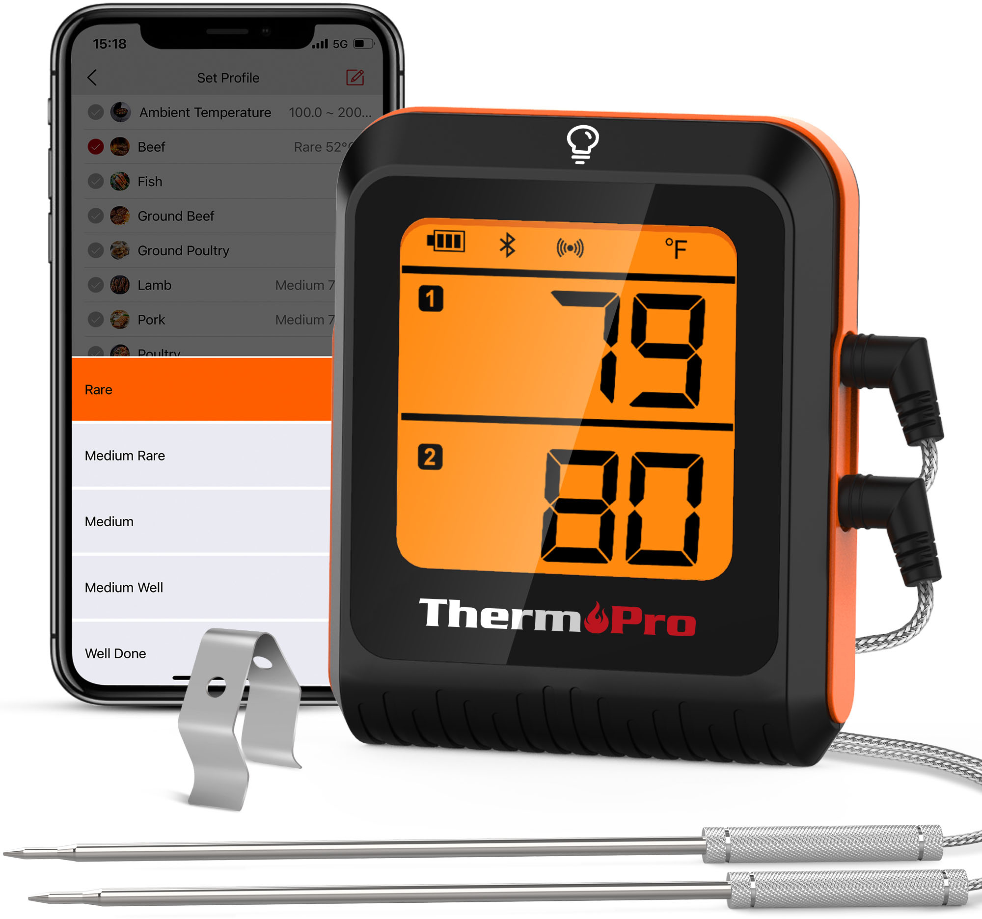 0810012962155 - THERMOPRO - BLUETOOTH DUAL PROBE DIGITAL MEAT THERMOMETER - BLACK