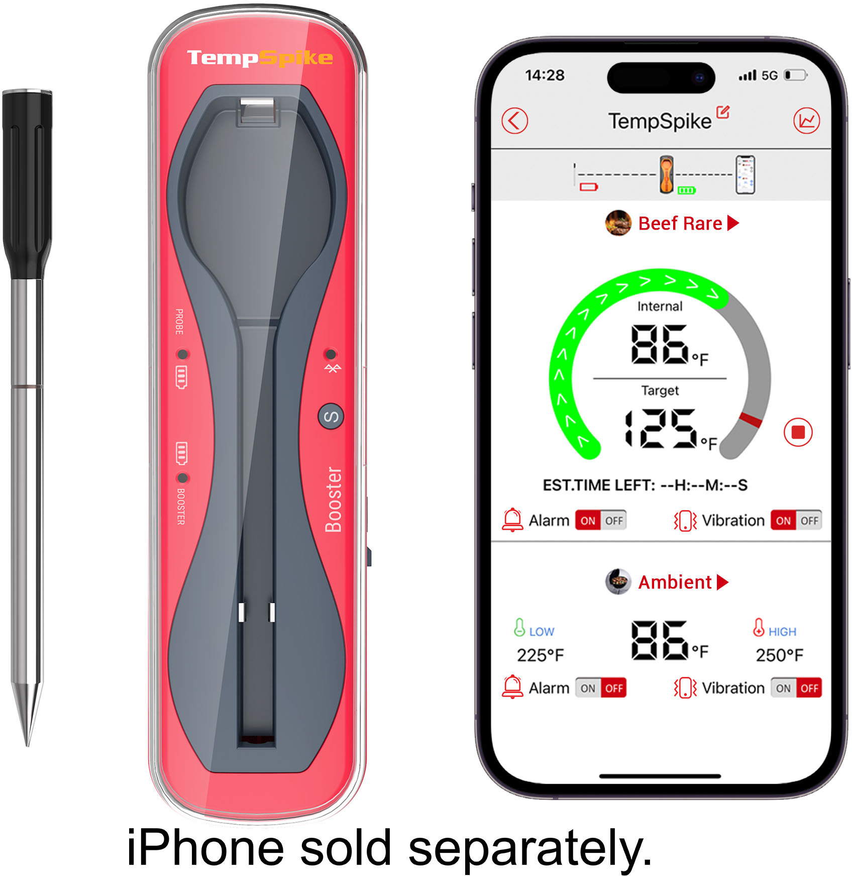 0810012962322 - THERMOPRO - TEMPSPIKE BLUETOOTH SMART FOOD/MEAT THERMOMETER - RED/BLACK