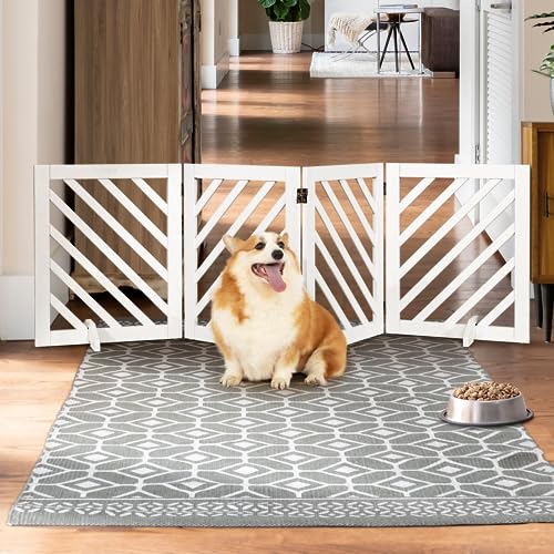 0810019294372 - DCEE FREESTANDING WOODEN PET GATE EXTRA WIDE 81 IN, SOLID ACACIA WOOD FOLDABLE DOG GATE WITH 4 PANELS & 2 SUPPORT LEGS FOR DOORWAY, KITCHEN, LIVING ROOM, WHITE, RETANGULAR DESIGN