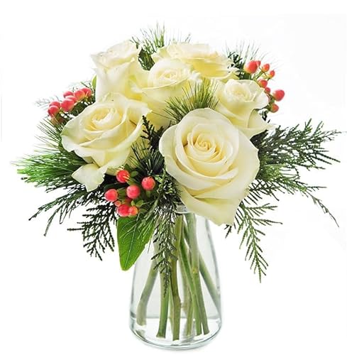 0810022323069 - KABLOOM PRIME NEXT DAY DELIVERY - HOLIDAY COLLECTION: NOEL WHITE ROSES ACCENTED WITH RED BERRIES AND SEASONAL GREENS WITH VASE GIFT FOR ANNIVERSARY, GET WELL, THANK YOU, VALENTINE, MOTHER’S DAY FLOWER