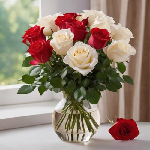 0810022323120 - KABLOOM PRIME NEXT DAY DELIVERY - HOLIDAY COLLECTION: 12 RED AND WHITE ROSES WITH VASE (FLOWERS FOR DELIVERY PRIME) GIFT FOR BIRTHDAY, ANNIVERSARY, GET WELL, THANK YOU, VALENTINE, MOTHER’S DAY FLOWER