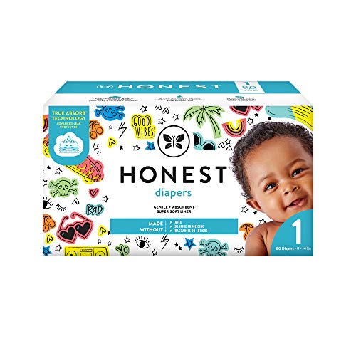 0810022911860 - THE HONEST COMPANY THE HONEST COMPANY CLUB BOX DIAPERS WITH TRUEABSORB TECHNOLOGY, GOOD VIBES ONLY, SIZE 1, 80 COUNT