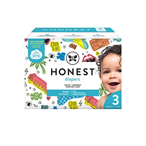 0810022911884 - THE HONEST COMPANY THE HONEST COMPANY CLUB BOX DIAPERS WITH TRUEABSORB TECHNOLOGY, GOOD VIBES ONLY, SIZE 3, 68 COUNT