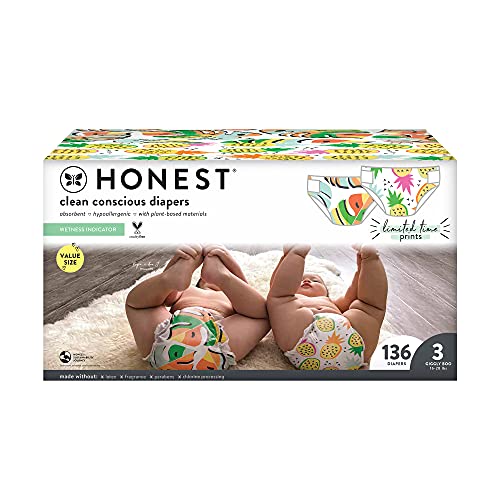0810022915691 - THE HONEST COMPANY SUPER CLUB BOX CLEAN CONSCIOUS DIAPERS SUMMER - FRUITY PATOOTIE + LIL MONSTERA, SIZE 3, 136 COUNT