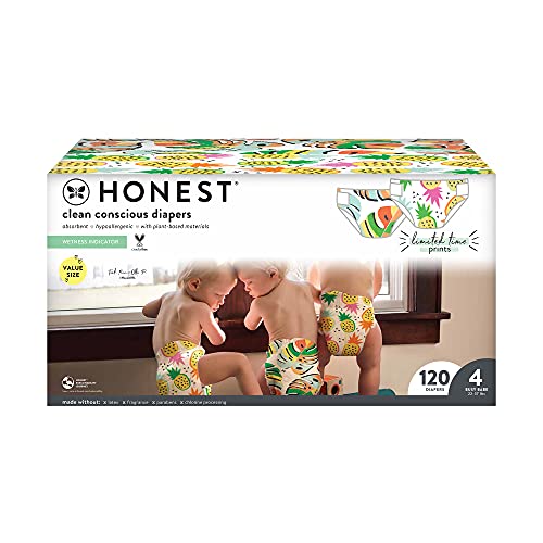 0810022915707 - THE HONEST COMPANY SUPER CLUB BOX CLEAN CONSCIOUS DIAPERS SUMMER - FRUITY PATOOTIE + LIL MONSTERA, SIZE 4, 120 COUNT