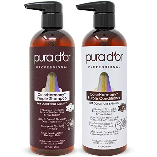 0810023840589 - PURA D’OR COLORHARMONY PURPLE SHAMPOO & CONDITIONER BIOTIN SET (16OZ X 2) FOR BLEACHED, BLONDE, SILVER & COLOR TREATED HAIR - KERATIN, BAMBOO FIBER, NO SULFATES, NATURAL INGREDIENTS - MEN & WOMEN