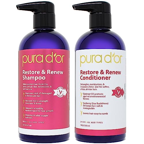 0810023842460 - PURA DOR RESTORE & RENEW SHAMPOO AND CONDITIONER SET FOR STRONG, HEALTHY, AND NOURISHED HAIR WITH ORGANIC ALOE VERA, ROSEMARY OIL, SEA BUCKTHORN, CACAY OIL, COCONUT OIL, SEABERRY OIL & CEDARWOOD OIL
