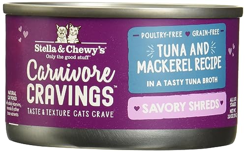 0810027371324 - STELLA & CHEWY’S CARNIVORE CRAVINGS SAVORY SHREDS CANS – GRAIN FREE, PROTEIN RICH WET CAT FOOD – WILD-CAUGHT TUNA & MACKEREL RECIPE – (2.8 OUNCE CANS, CASE OF 12)