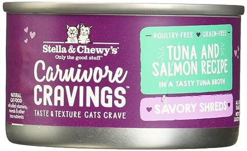 0810027371348 - STELLA & CHEWY’S CARNIVORE CRAVINGS SAVORY SHREDS CANS – GRAIN FREE, PROTEIN RICH WET CAT FOOD – WILD-CAUGHT TUNA & SALMON RECIPE – (2.8 OUNCE CANS, CASE OF 12)