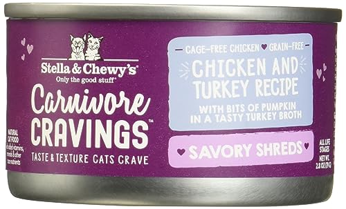 0810027371362 - STELLA & CHEWY’S CARNIVORE CRAVINGS SAVORY SHREDS CANS – GRAIN FREE, PROTEIN RICH WET CAT FOOD – CAGE-FREE CHICKEN & TURKEY RECIPE – (2.8 OUNCE CANS, CASE OF 12)