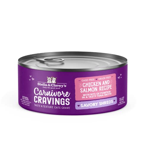 0810027371379 - STELLA & CHEWY’S CARNIVORE CRAVINGS SAVORY SHREDS CANS – GRAIN FREE, PROTEIN RICH WET CAT FOOD – CAGE-FREE CHICKEN & WILD-CAUGHT SALMON RECIPE – (2.8 OUNCE CANS, CASE OF 12)