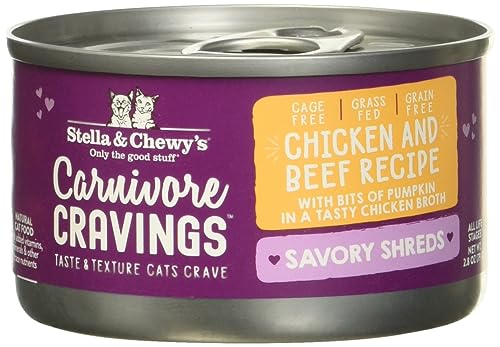 0810027371386 - STELLA & CHEWY’S CARNIVORE CRAVINGS SAVORY SHREDS CANS – GRAIN FREE, PROTEIN RICH WET CAT FOOD – CAGE-FREE CHICKEN & GRASS-FED BEEF RECIPE – (2.8 OUNCE CANS, CASE OF 12)