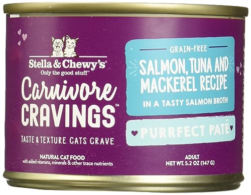 0810027371447 - STELLA & CHEWY’S CARNIVORE CRAVINGS PURRFECT PATE CANS – GRAIN FREE, PROTEIN RICH WET CAT FOOD – SALMON, TUNA & MACKEREL RECIPE – (5.2 OUNCE CANS, CASE OF 8)