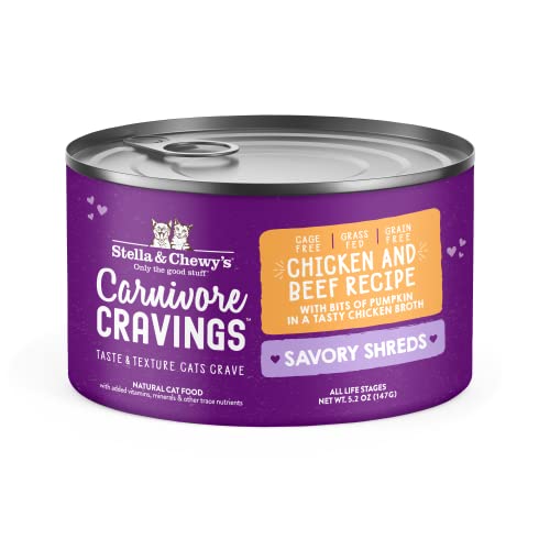0810027371454 - STELLA & CHEWY’S CARNIVORE CRAVINGS SAVORY SHREDS CANS – GRAIN FREE, PROTEIN RICH WET CAT FOOD – CAGE-FREE CHICKEN & GRASS-FED BEEF RECIPE – (5.2 OUNCE CANS, CASE OF 8)