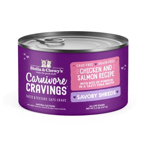 0810027371461 - STELLA & CHEWY’S CARNIVORE CRAVINGS SAVORY SHREDS CANS – GRAIN FREE, PROTEIN RICH WET CAT FOOD – CAGE-FREE CHICKEN & WILD-CAUGHT SALMON RECIPE – (5.2 OUNCE CANS, CASE OF 8)