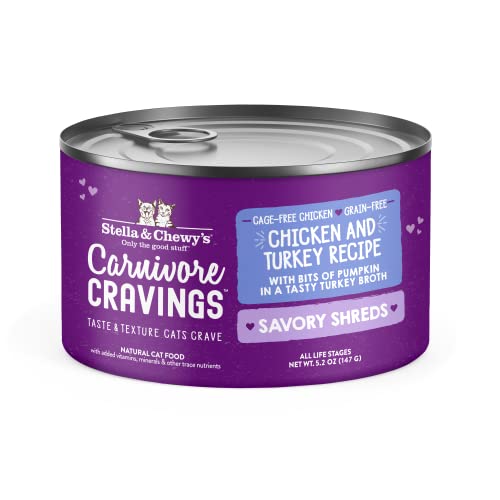 0810027371478 - STELLA & CHEWY’S CARNIVORE CRAVINGS SAVORY SHREDS CANS – GRAIN FREE, PROTEIN RICH WET CAT FOOD – CAGE-FREE CHICKEN & TURKEY RECIPE – (5.2 OUNCE CANS, CASE OF 8)