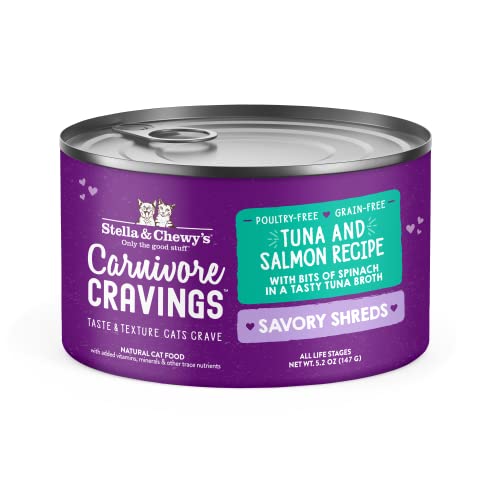 0810027371492 - STELLA & CHEWY’S CARNIVORE CRAVINGS SAVORY SHREDS CANS – GRAIN FREE, PROTEIN RICH WET CAT FOOD – WILD-CAUGHT TUNA & SALMON RECIPE – (5.2 OUNCE CANS, CASE OF 8)