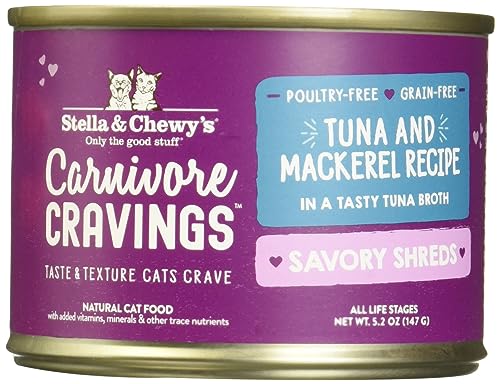 0810027371508 - STELLA & CHEWY’S CARNIVORE CRAVINGS SAVORY SHREDS CANS – GRAIN FREE, PROTEIN RICH WET CAT FOOD – WILD-CAUGHT TUNA & MACKEREL RECIPE – (5.2 OUNCE CANS, CASE OF 8)