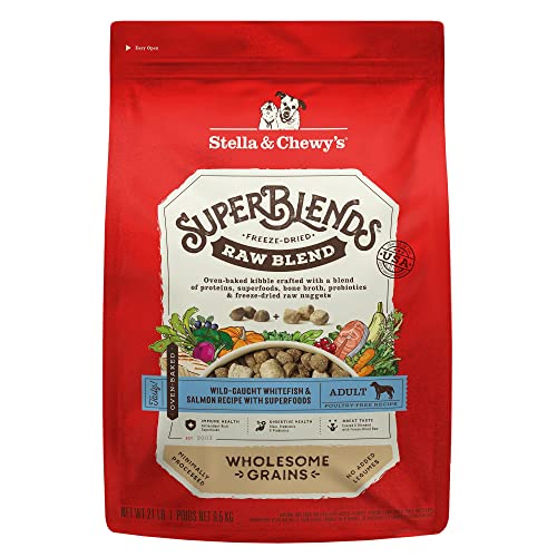 0810027372918 - STELLA & CHEWYS SUPERBLENDS RAW BLEND WHOLESOME GRAINS WILD-CAUGHT WHITEFISH & SALMON RECIPE WITH SUPERFOODS, 21 LB. BAG