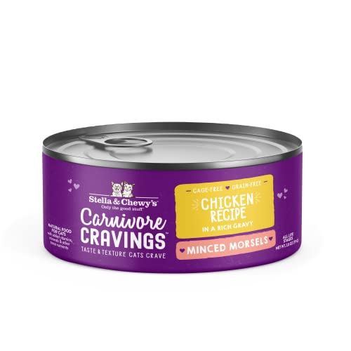 0810027373205 - STELLA & CHEWY’S CARNIVORE CRAVINGS MINCED MORSELS CANS – GRAIN FREE, PROTEIN RICH WET CAT FOOD – CAGE-FREE CHICKEN RECIPE – (2.8 OUNCE CANS, CASE OF 24)