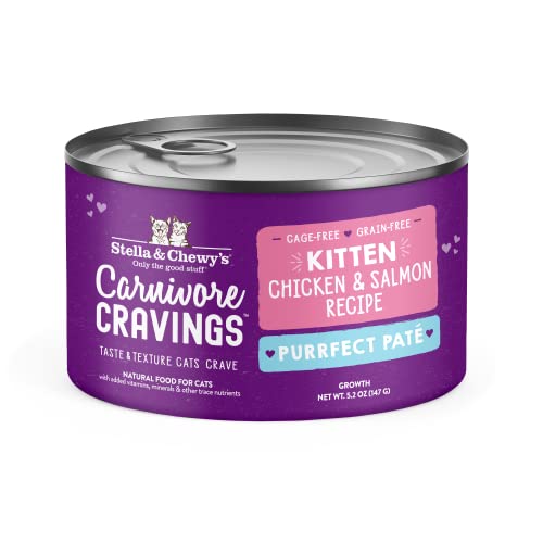 0810027373298 - STELLA & CHEWY’S CARNIVORE CRAVINGS PURRFECT PATE CANS – GRAIN FREE, PROTEIN RICH WET CAT FOOD – CAGE-FREE CHICKEN & SALMON KITTEN RECIPE – (5.2 OUNCE CANS, CASE OF 24)