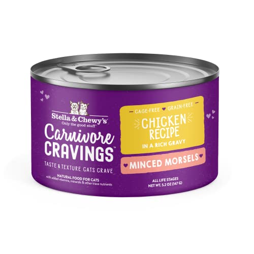 0810027373427 - STELLA & CHEWY’S CARNIVORE CRAVINGS MINCED MORSELS CANS – GRAIN FREE, PROTEIN RICH WET CAT FOOD – CAGE-FREE CHICKEN RECIPE – (5.2 OUNCE CANS, CASE OF 8)