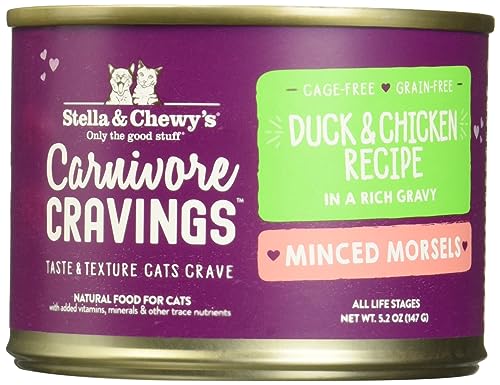 0810027373441 - STELLA & CHEWY’S CARNIVORE CRAVINGS MINCED MORSELS CANS – GRAIN FREE, PROTEIN RICH WET CAT FOOD – CAGE-FREE CHICKEN & DUCK RECIPE – (5.2 OUNCE CANS, CASE OF 8)