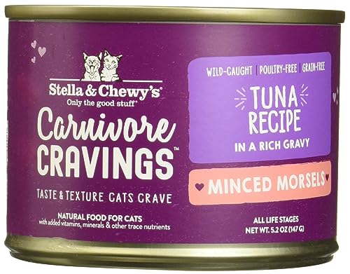 0810027373465 - STELLA & CHEWY’S CARNIVORE CRAVINGS MINCED MORSELS CANS – GRAIN FREE, PROTEIN RICH WET CAT FOOD – WILD-CAUGHT TUNA RECIPE – (5.2 OUNCE CANS, CASE OF 8)