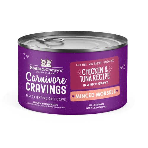 0810027373489 - STELLA & CHEWY’S CARNIVORE CRAVINGS MINCED MORSELS CANS – GRAIN FREE, PROTEIN RICH WET CAT FOOD – CAGE-FREE CHICKEN & WILD-CAUGHT TUNA RECIPE – (5.2 OUNCE CANS, CASE OF 8)