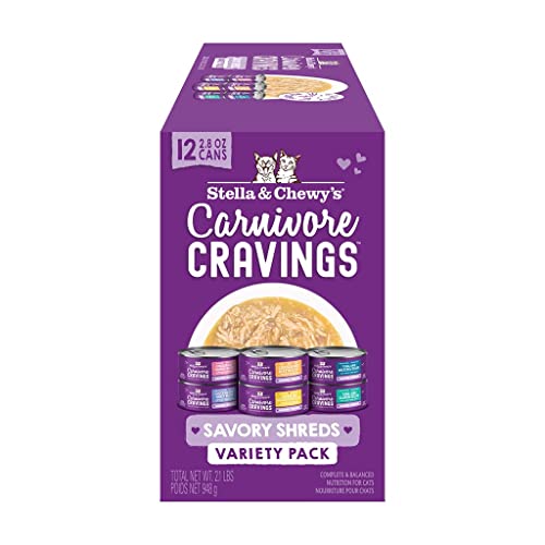 0810027373960 - STELLA & CHEWYS CARNIVORE CRAVINGS SAVORY SHREDS CANNED WET CAT FOOD VARIETY PACK – (2.8 OUNCE CANS, CASE OF 12)