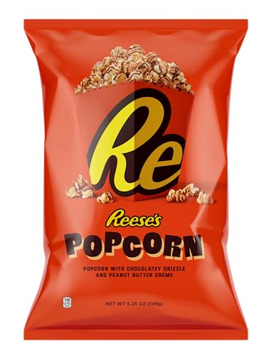 0810031480111 - REESES POPCORN, 5.25OZ GROCERY SIZED BAG, POPCORN DRIZZLED IN REESES PEANUT BUTTER AND CHOCOLATE, READY TO EAT, SAVORY SNACK, SWEET AND SALTY SNACKS