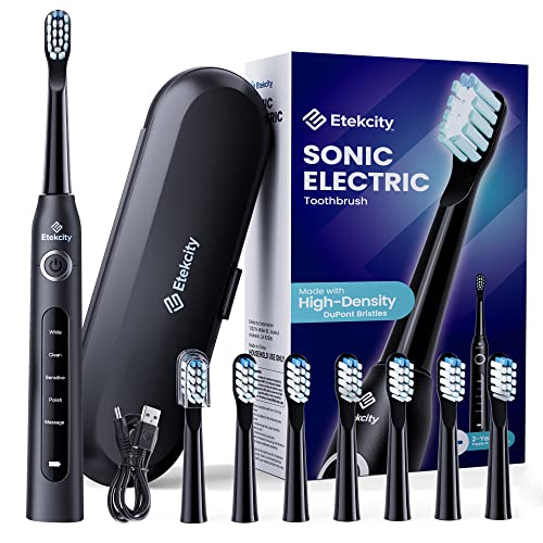 0810043379601 - ETEKCITY SONIC ELECTRIC TOOTHBRUSH FOR ADULTS WITH 8 HIGH-DENSITY BRUSH HEADS & TRAVEL CASE, 5 MODES WITH 2 MINUTES TIMER, BLACK