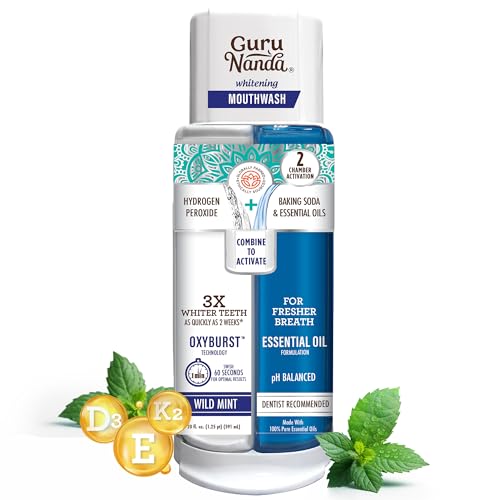 0810051082203 - GURUNANDA DUAL BARREL OXYBURST WHITENING MOUTHWASH - CONTAINS HYDROGEN PEROXIDE TO PROMOTE WHITER TEETH - ALCOHOL & FLUORIDE FREE RINSE WITH 100% NATURAL ESSENTIAL OILS, WILD MINT FLAVOR - 20 FL OZ