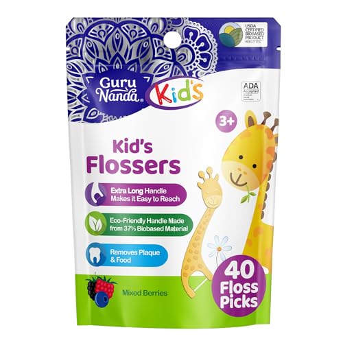 0810051085754 - GURUNANDA DENTAL FLOSS PICKS FOR KIDS, EXTRA-LONG GIRAFFE-SHAPED PICKS WITH FLUORIDE, ANTI-SLIP & SHRED-RESISTANT DESIGN & ECO-FRIENDLY HANDLE & BERRY FLAVOR, IDEAL FOR AGES 3+, 40 COUNT (PACK OF 1)