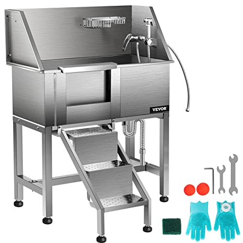 0810087872267 - VEVOR DOG GROOMING TUB, 38 LEFT PET WASH STATION, PROFESSIONAL STAINLESS STEEL PET GROOMING TUB RATED 180LBS LOAD CAPACITY, NON-SKID DOG WASHING STATION COMES WITH RAMP, FAUCET, SPRAYER AND DRAIN KIT