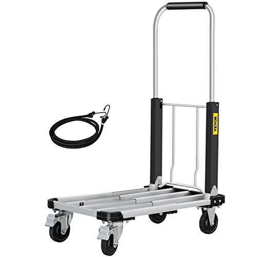 0810087877743 - VEVOR FOLDING HAND CART, 330 LBS/150 KG CAPACITY HEAVY DUTY LUGGAGE TRUCK W/ 4 WHEELS, SOLID CONSTRUCTION ALUMINUM ALLOY FLATFORM DOLLY, FOLDABLE & PORTABLE PLATFORM CARTS FOR LUGGAGE TRAVEL SHOPPING