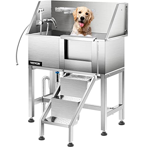 0810087879914 - VEVOR DOG GROOMING TUB, 38 L PET WASH STATION, PROFESSIONAL STAINLESS STEEL PET GROOMING TUB RATED 180LBS LOAD CAPACITY, NON-SKID DOG WASHING STATION COMES WITH RAMP, FAUCET, SPRAYER AND DRAIN KIT