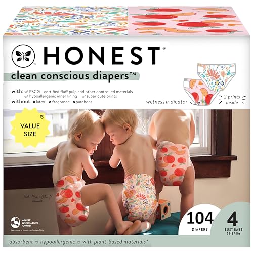 0810094552602 - THE HONEST COMPANY CLEAN CONSCIOUS DIAPERS | PLANT-BASED, SUSTAINABLE | JUST PEACHY + FLOWER POWER | SUPER CLUB BOX, SIZE 4 (22-37 LBS), 104 COUNT