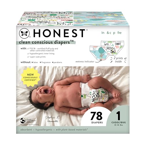 0810094552732 - THE HONEST COMPANY CLEAN CONSCIOUS DIAPERS | PLANT-BASED, SUSTAINABLE | ABOVE IT ALL + BARNYARD BABIES | CLUB BOX, SIZE 1 (8-14 LBS), 78 COUNT