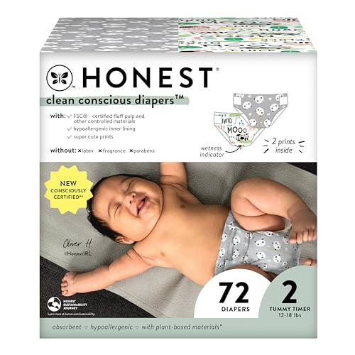 0810094552763 - THE HONEST COMPANY CLEAN CONSCIOUS DIAPERS | PLANT-BASED, SUSTAINABLE | PANDAS + BARNYARD BABIES | CLUB BOX, SIZE 2 (12-18 LBS), 72 COUNT